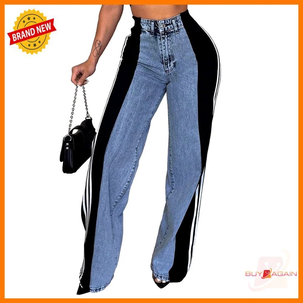 High Waisted Wide Leg Stretch Jeans Patchwork Stripes Straight Fit Pants